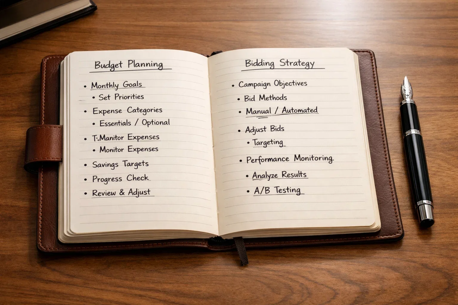 Notizbuch mit Wettplanung und Stift