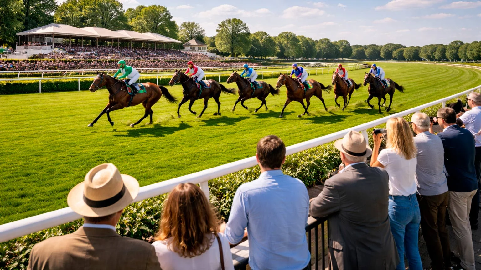 Pferderennen auf einer Galopprennbahn mit Zuschauern an der Tribüne