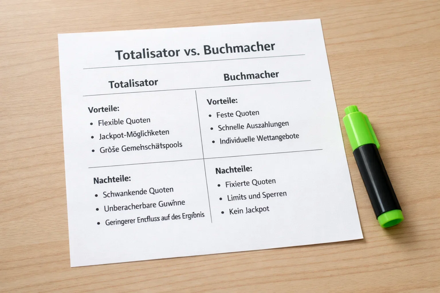 Vergleichstabelle Totalisator und Buchmacher