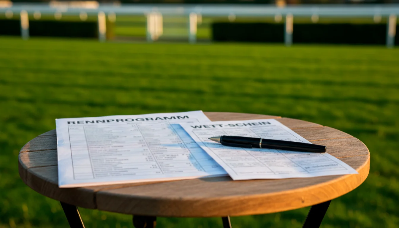 Wettschein und Rennprogramm auf einem Tisch neben einer Pferderennbahn