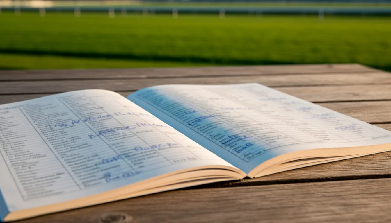 Nahaufnahme eines Rennprogramms mit Formzahlen und handschriftlichen Notizen