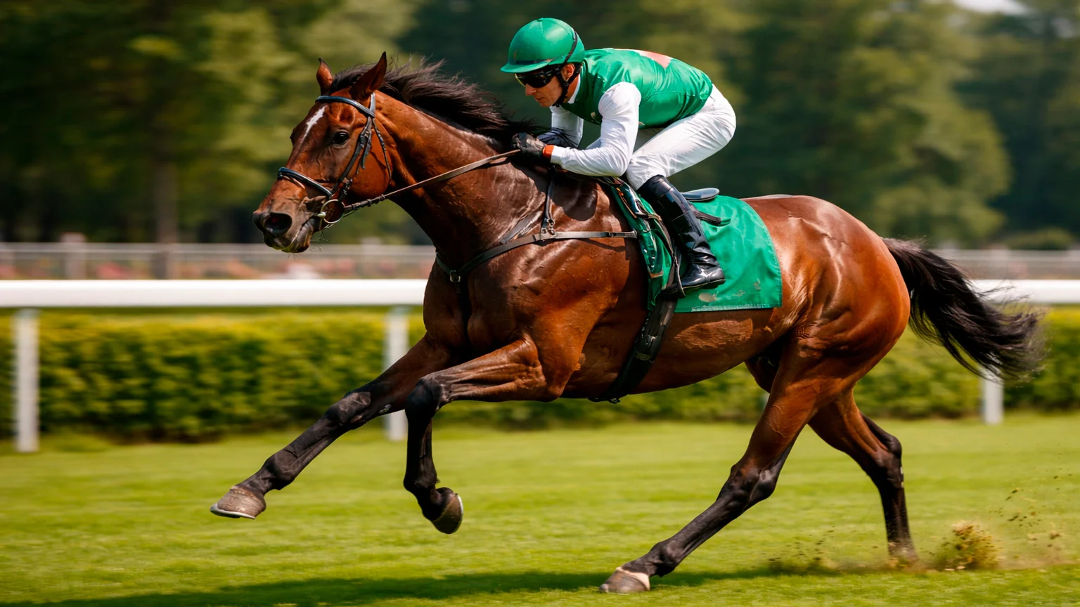 Galopprennpferde im vollen Lauf auf einer Grasbahn mit Jockeys