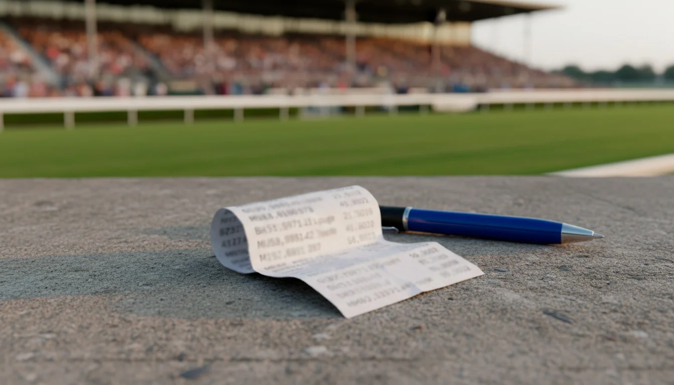 Zerknüllter Wettschein auf dem Boden vor einer Pferderennbahn-Tribüne