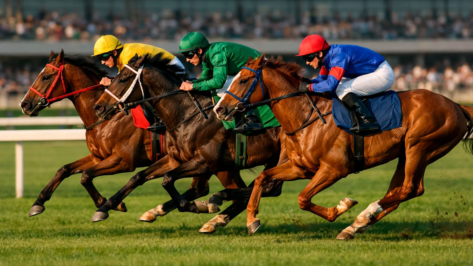 Galopprennpferde im Mittelfeld eines Rennens auf einer Grasbahn mit Jockeys