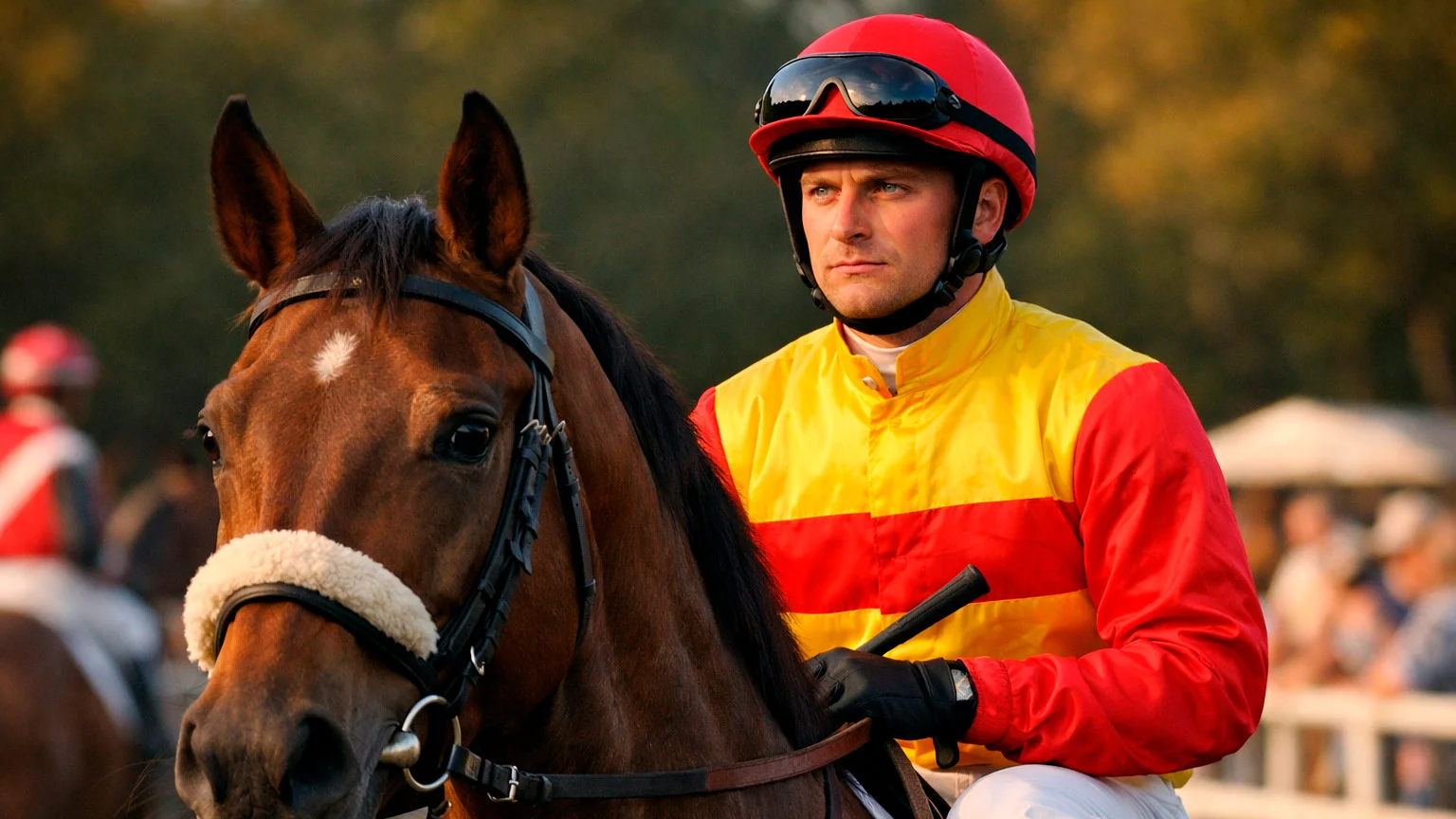 Jockey in bunter Seidenbluse auf einem Galopprennpferd vor dem Start