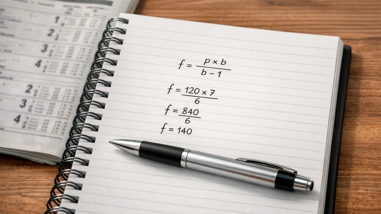 Handgeschriebene mathematische Formel auf einem Notizblock neben einem Rennprogramm