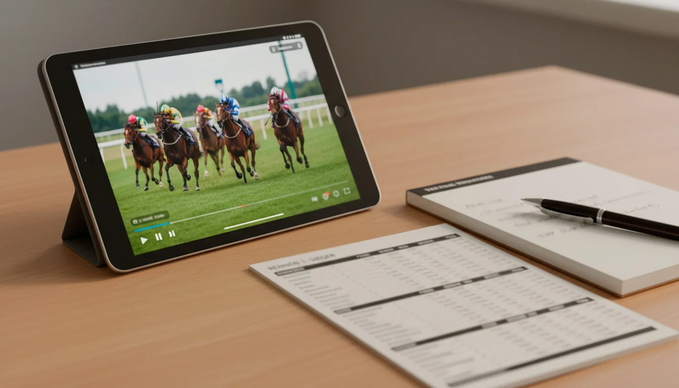 Tablet zeigt einen Pferderennen-Livestream neben einem Rennprogramm