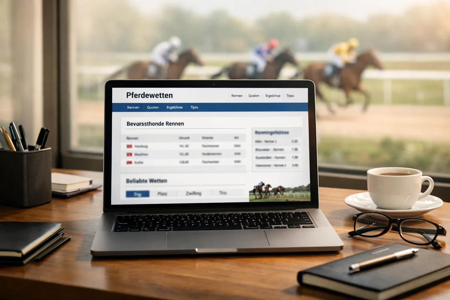 Laptop mit Pferdewetten-Website und Rennbahn im Hintergrund