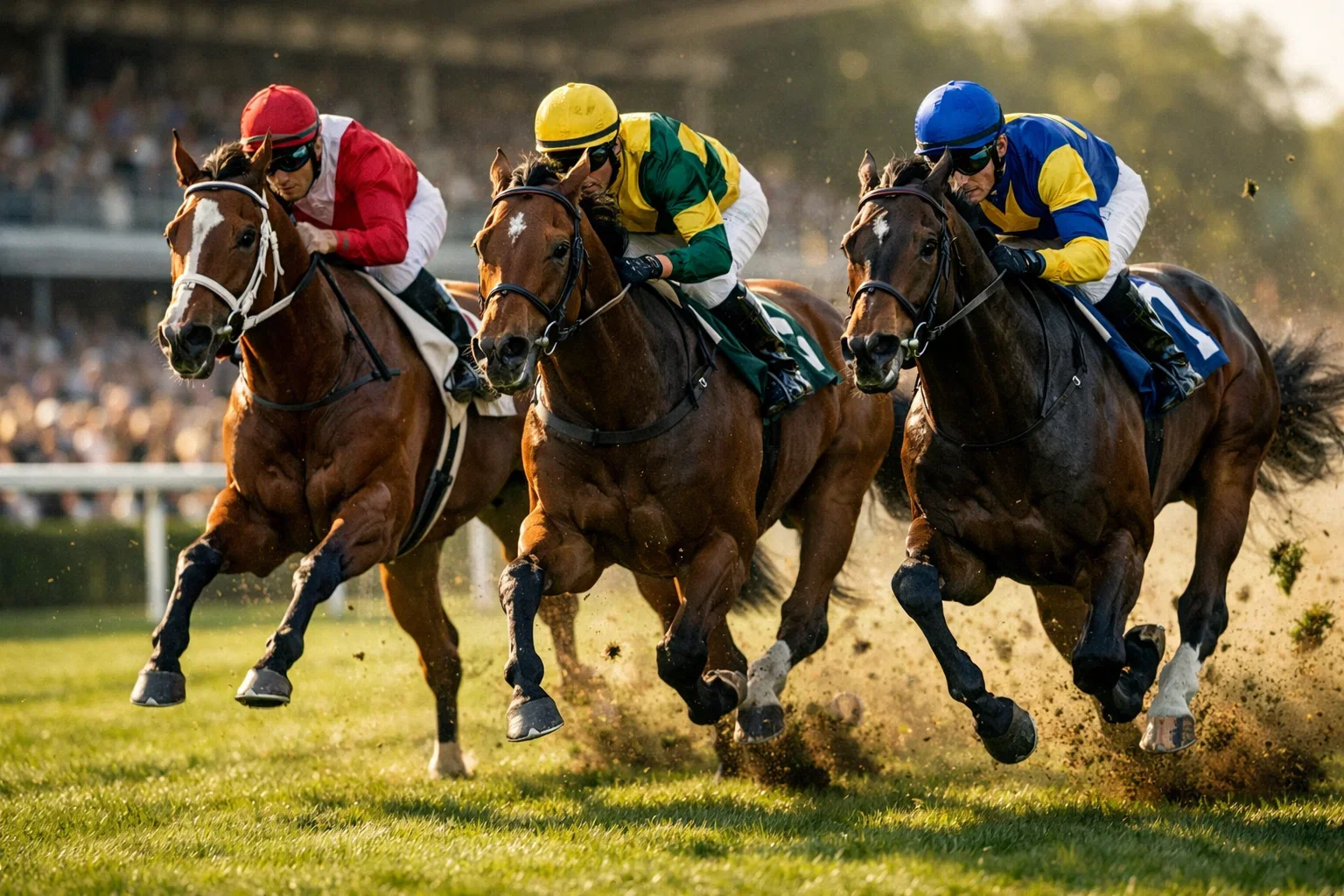 Pferderennen auf der Rennbahn mit Jockeys in bunten Trikots