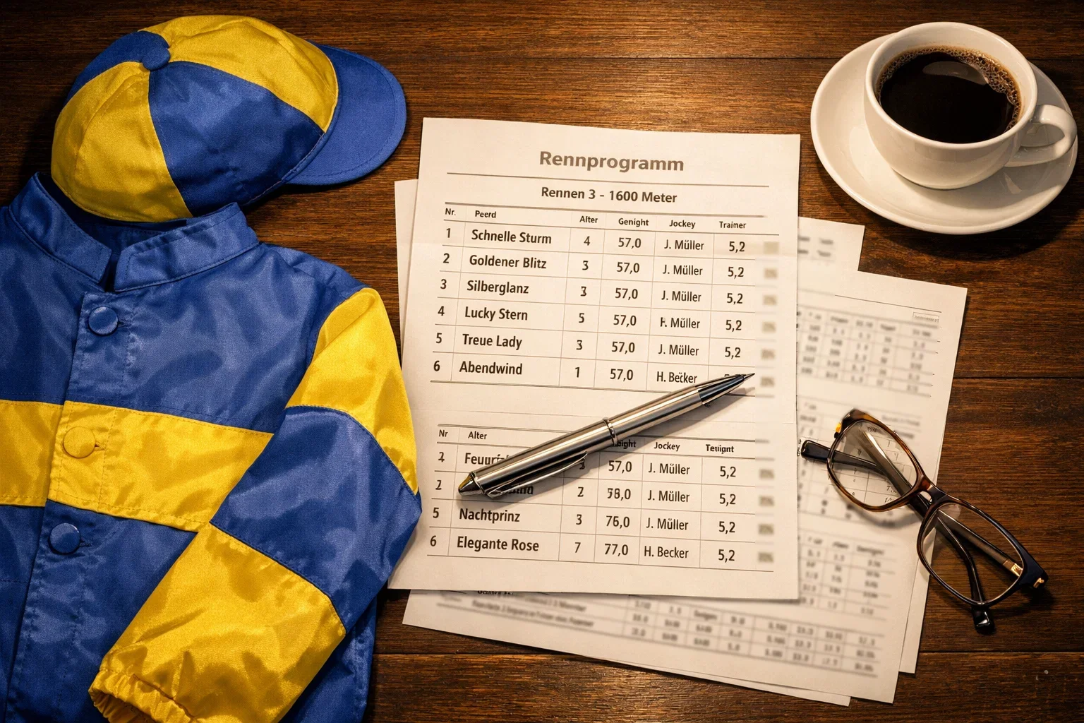 Rennformular und Racecard mit Stift auf einem Holztisch