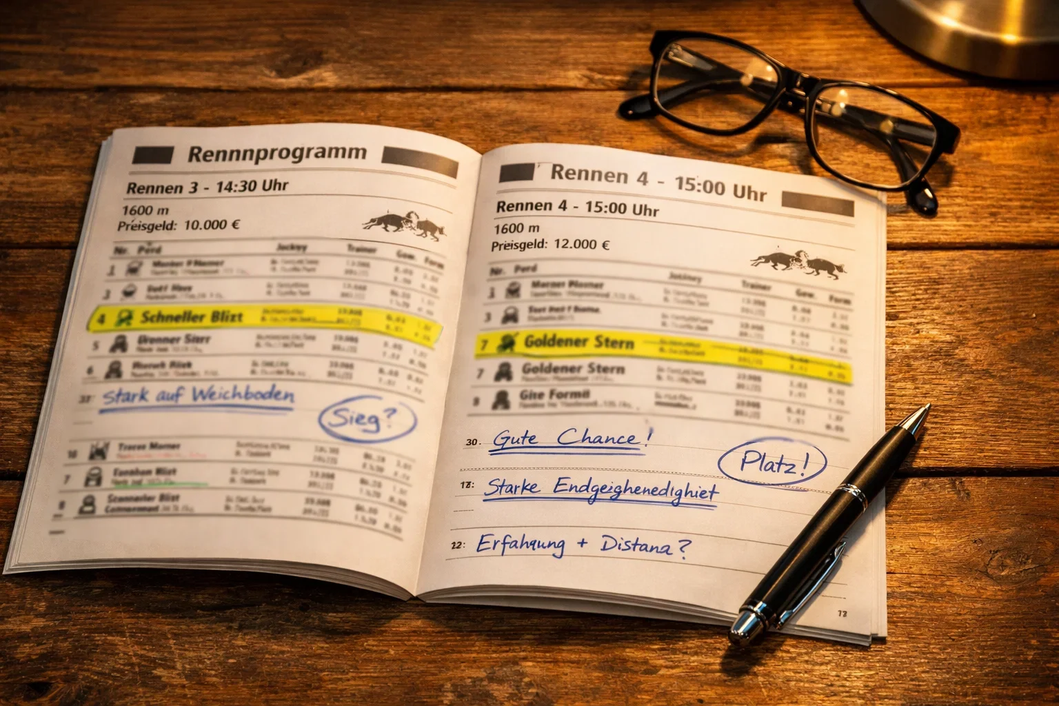 Rennprogramm mit Markierungen und Notizen