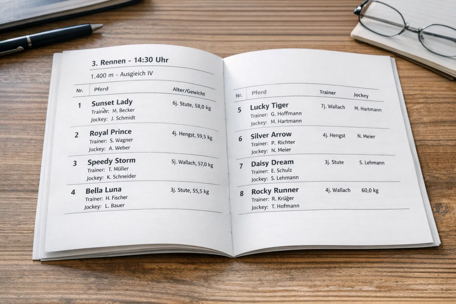 Offene Racecard mit Pferdeliste