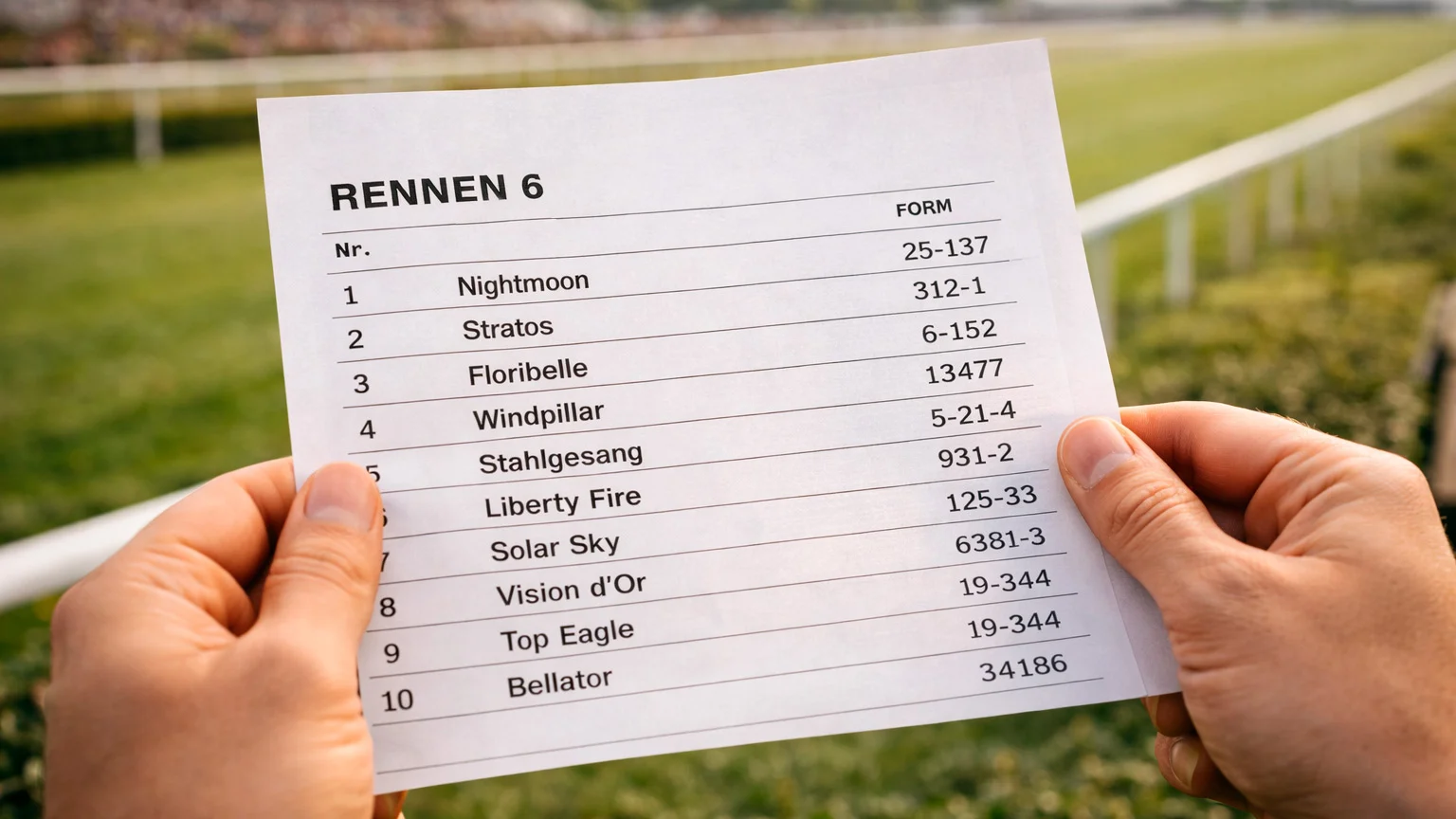 Gedruckte Racecard mit Pferderennen-Daten in der Hand eines Zuschauers