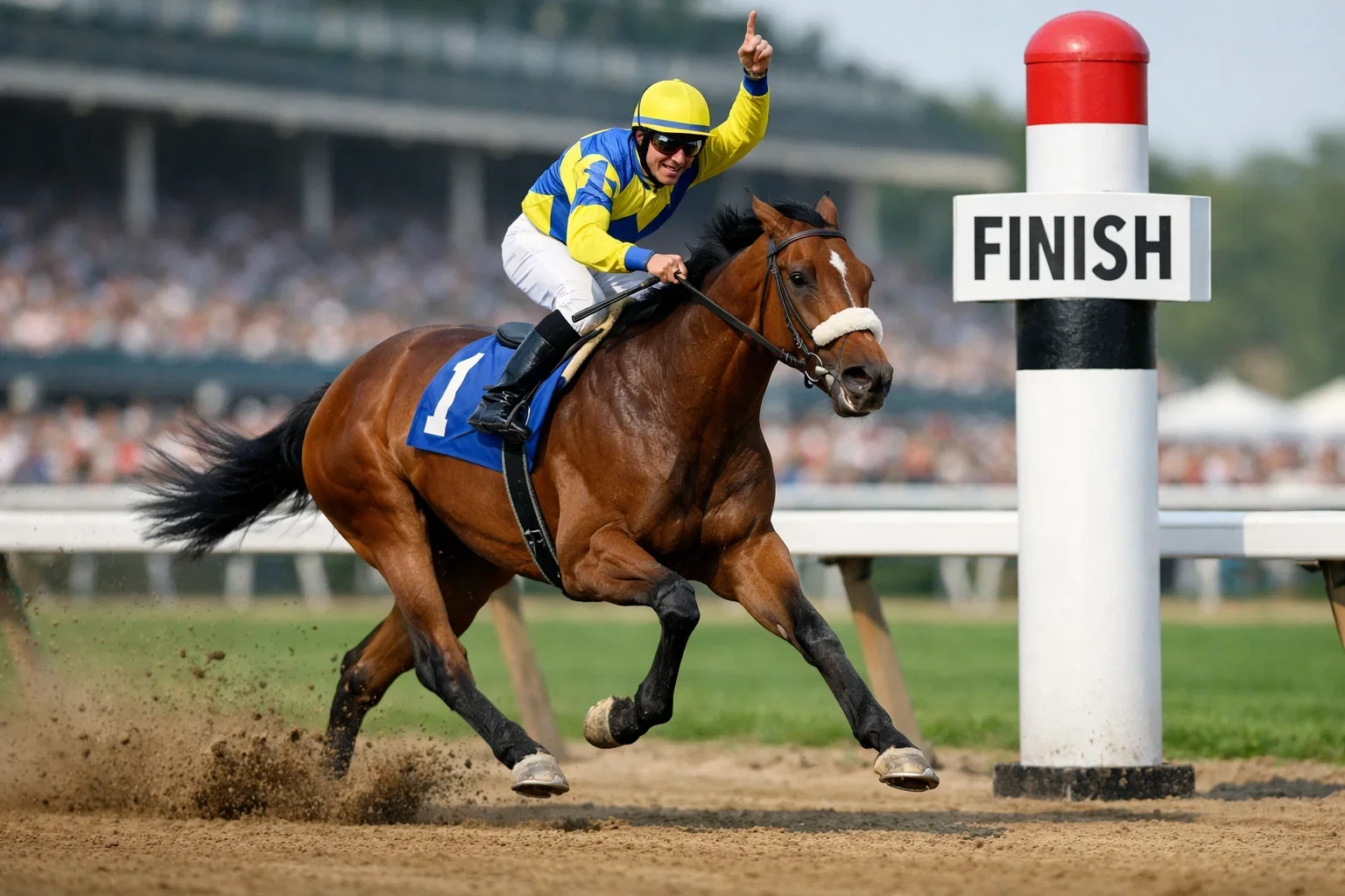 Rennpferd mit Jockey überquert die Ziellinie als Sieger