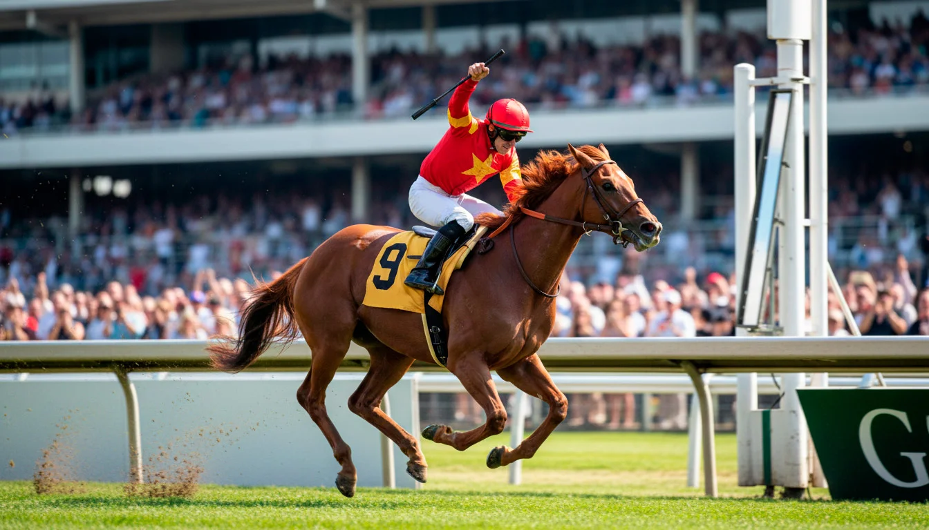 Ein Galopprennpferd überquert als erstes die Ziellinie auf einer Rennbahn