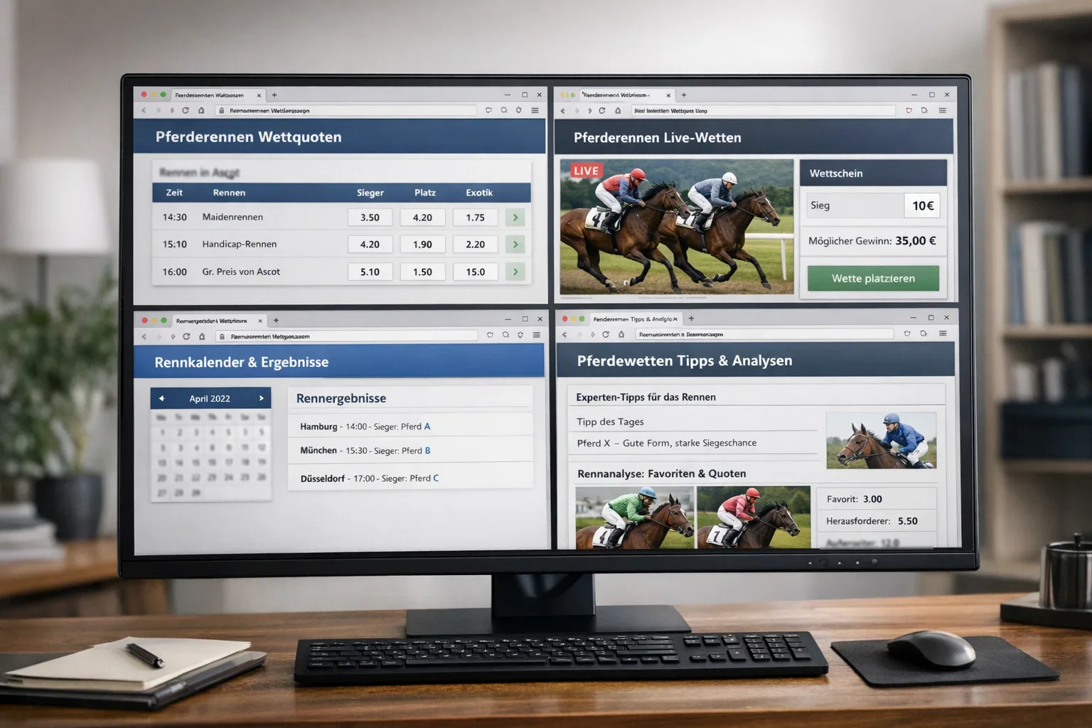 Desktop mit mehreren Pferdewetten-Browserfenstern