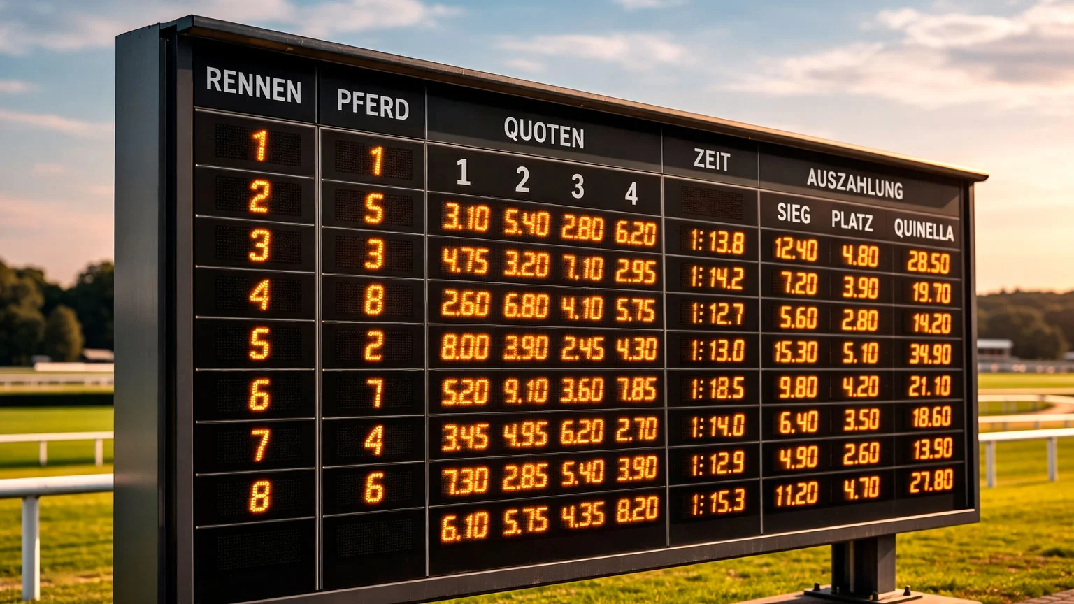 Totalisator-Anzeigetafel an einer deutschen Pferderennbahn mit laufenden Quoten