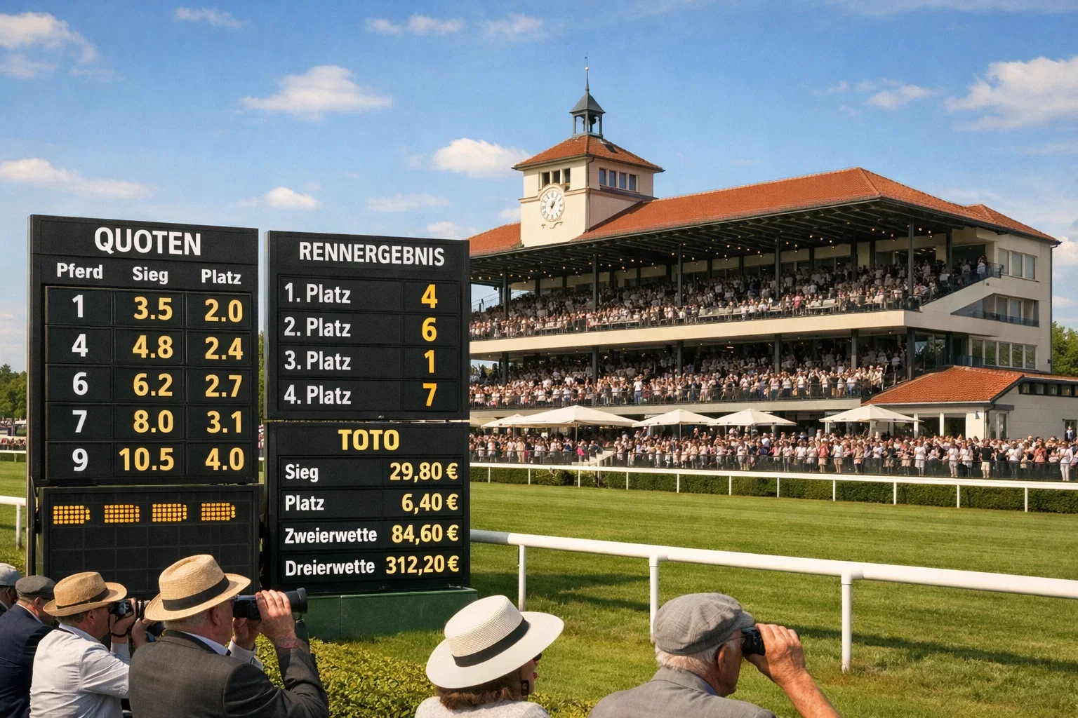 Blick auf die Anzeigetafeln der Rennbahn mit Zuschauertribüne