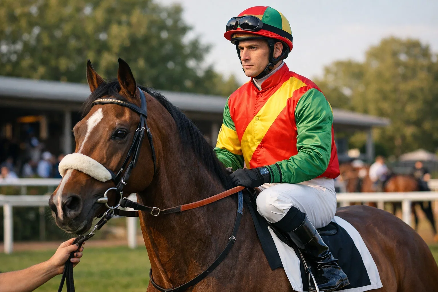 Jockey in Rennfarben auf Pferd