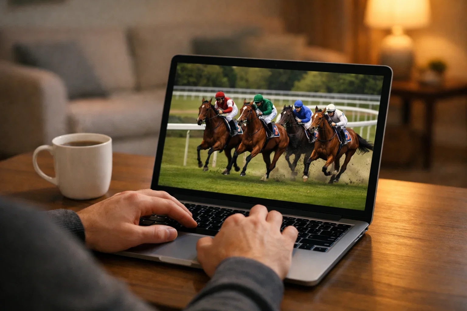 Person betrachtet Pferderennen-Livestream auf Laptop