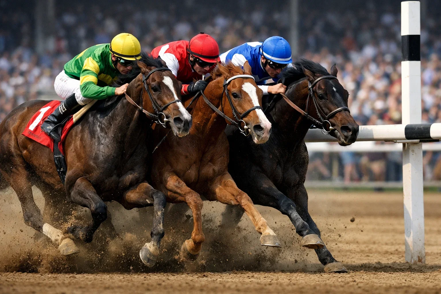 Rennpferde im Zieleinlauf mit Jockeys