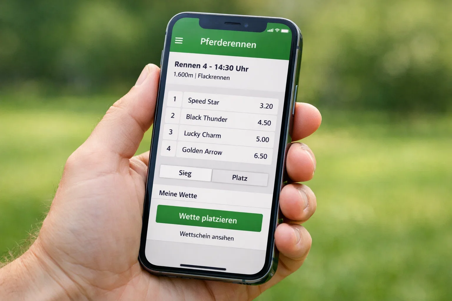 Smartphone mit Pferdewetten-App in der Hand