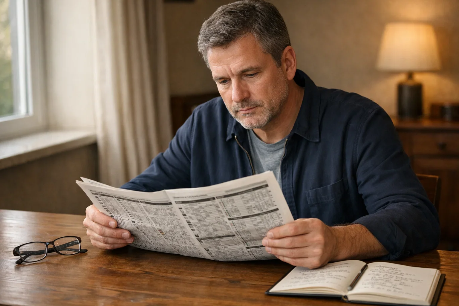 Konzentrierter Mann analysiert Rennprogramm